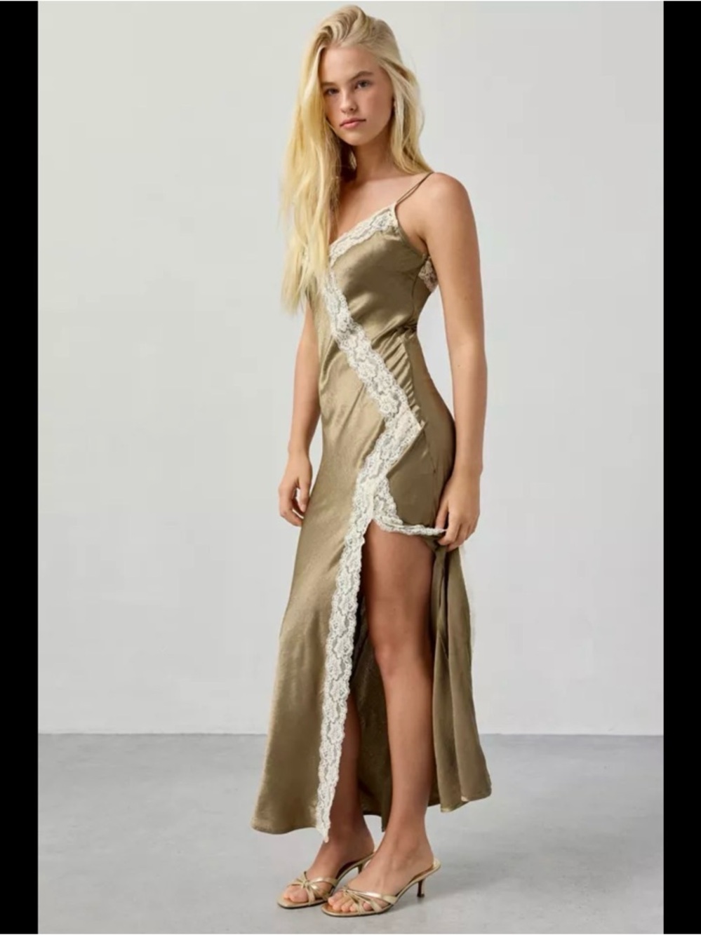 NWT Urban Outfitters Satin Slip Dress with Lace Trim - Olive